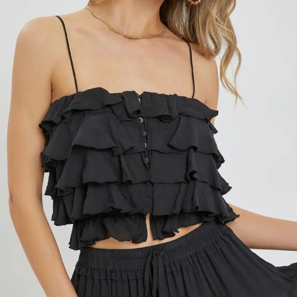 Sweet Lovely By Jen Black layered Ruffle Crop Top Adjustable Spaghetti Straps‎